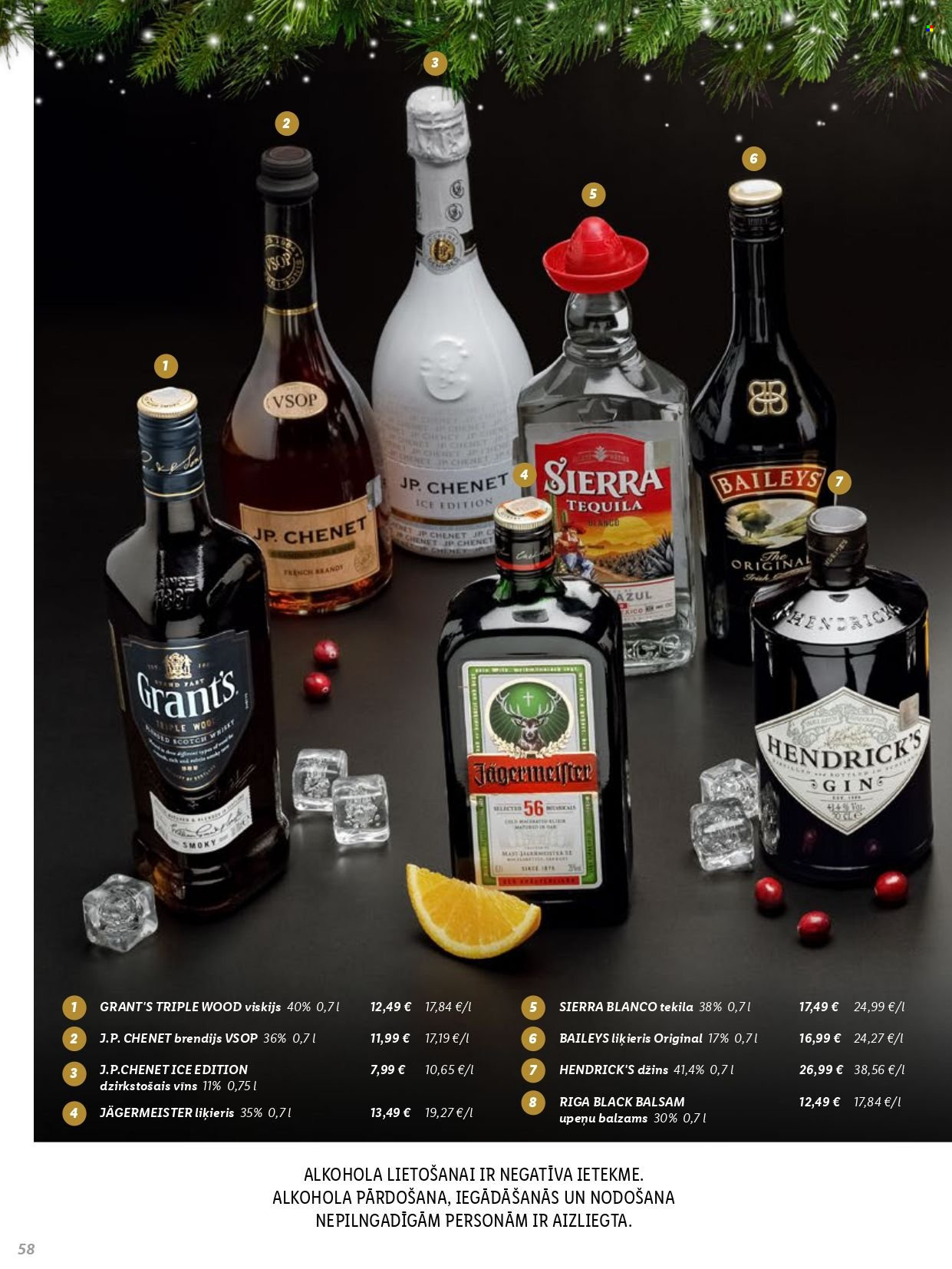 thumbnail - Lidl buklets - Akcijas preces - dzirkstošais vīns, J.P. Chenet, brandy, džins, Grant’s, Hendrick’s, Jägermeister, liķieris, brendijs, balzams, tekila, tequila, vīns, viskijs, whisky. 58. lapa.