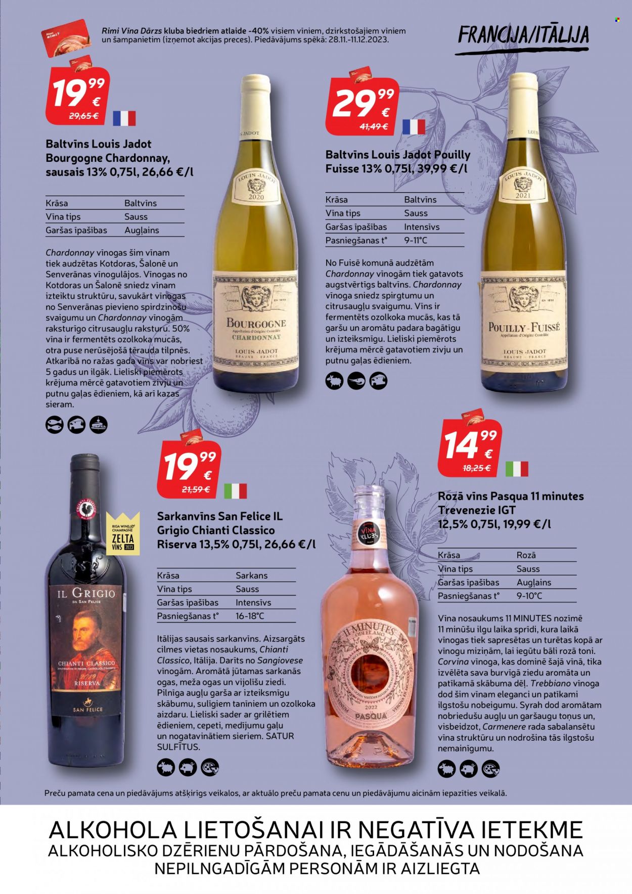 Rimi buklets - 14.11.2023. - 11.12.2023. - Akcijas preces - vinogas, mērce, Chardonnay, Chianti, vīns. 21. lapa.