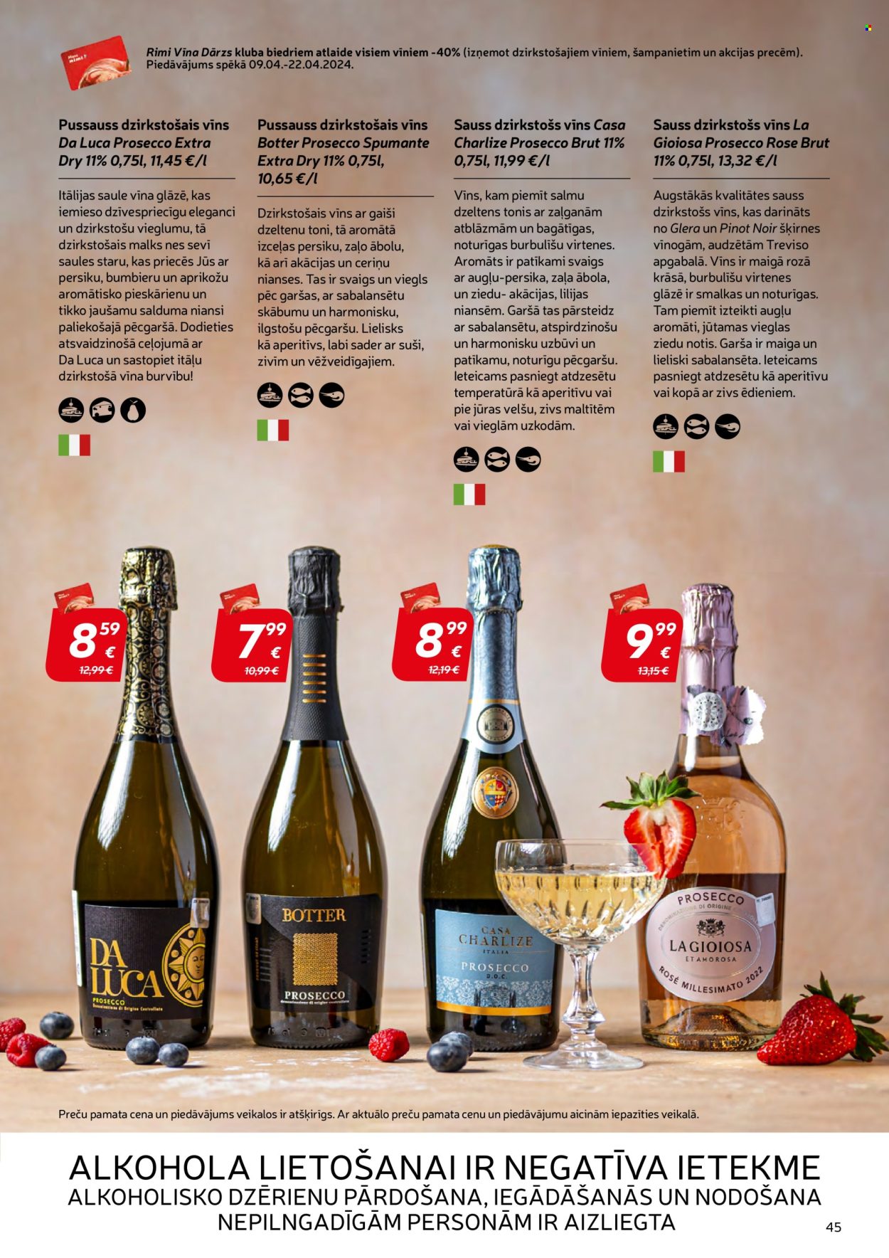 thumbnail - Rimi buklets - Akcijas preces - jūras velšu, dzirkstošais vīns, Pinot Noir, Prosecco, vīns, vīna glāzes. 45. lapa.