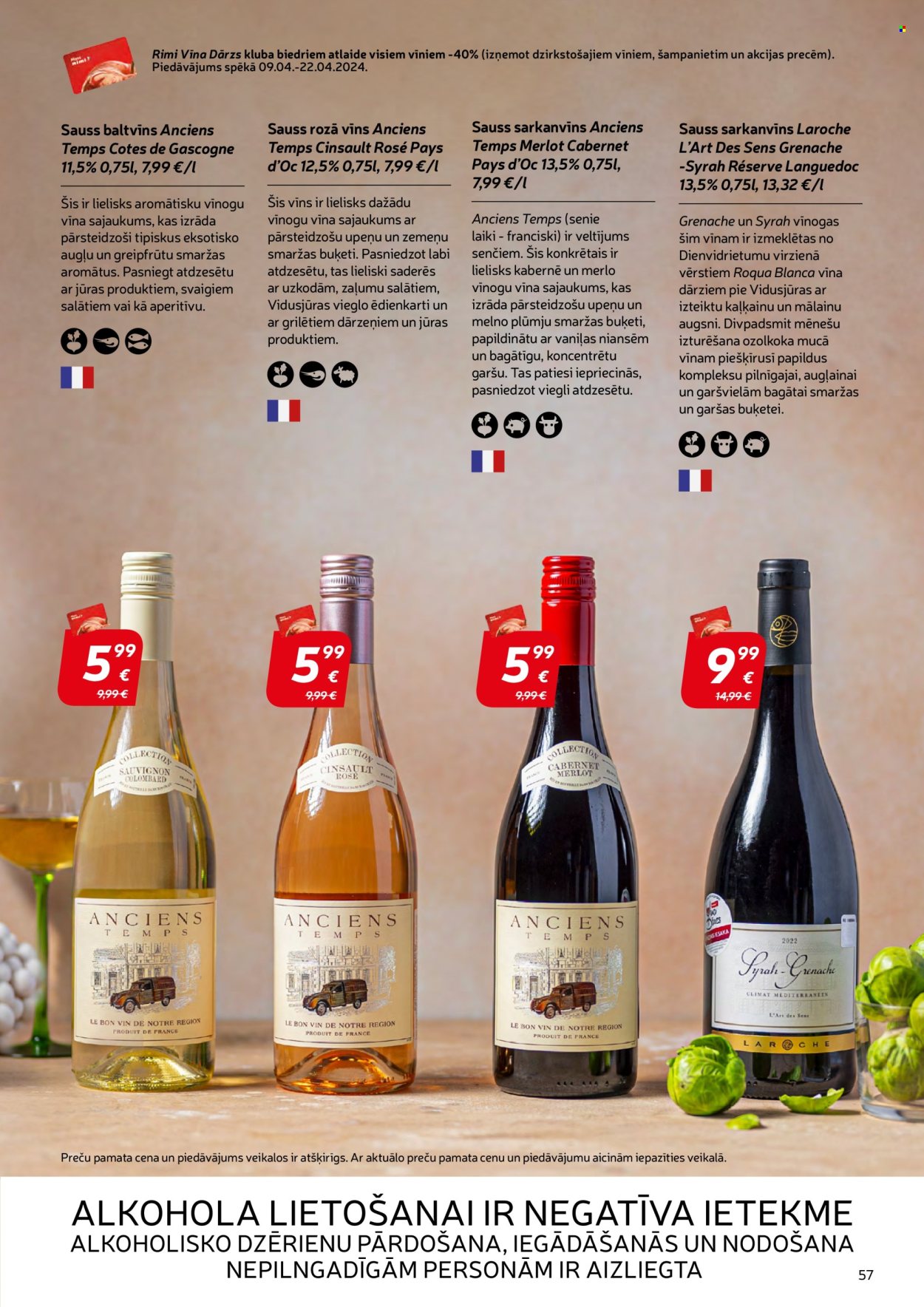 thumbnail - Rimi buklets - Akcijas preces - vinogas, Merlot, vīns, baltvīns, sarkanvīns, rozā vīns. 57. lapa.